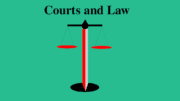 A drawing of the scales of justice with the text "Courts and Law" above