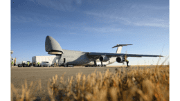 Satellite being loaded onto a C-5M aircraft