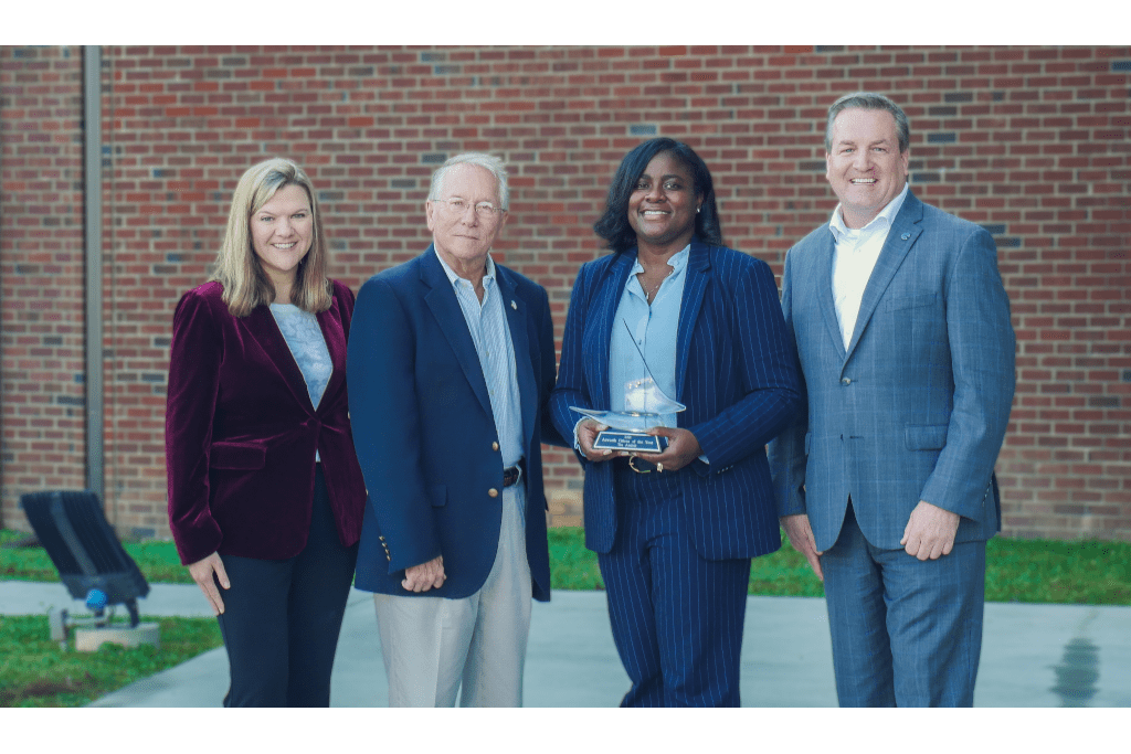 Standing in a line left to right: Sharon Mason, CEO of the Cobb Chamber; Tommy Allegood, Mayor of Acworth; Tia Amlett, 2021 Acworth Citizen of the Year; John Loud, 2021 Cobb Chamber Chairman