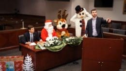 From left are: Cobb Bar Secretary, Adam Rozen, Santa (Carlos Rodriguez), Rudolph (Amanda Moulthrop), Frosty (Dawn Levine), and Cobb Bar President, Chase Swanson.