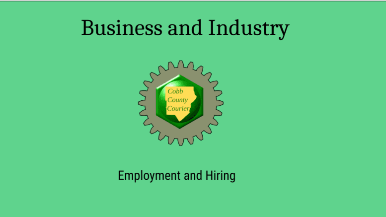 A graphic with a gear enclosing the Cobb County Courier logo, and the text: Business and Industry, Employment and Hiring