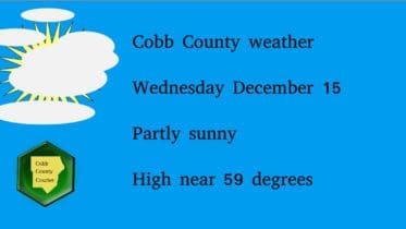 Partly sunny skies graphic and Cobb County Courier logo with the following text: Cobb County weather Wednesday December 15 Partly sunny High near 59 degrees