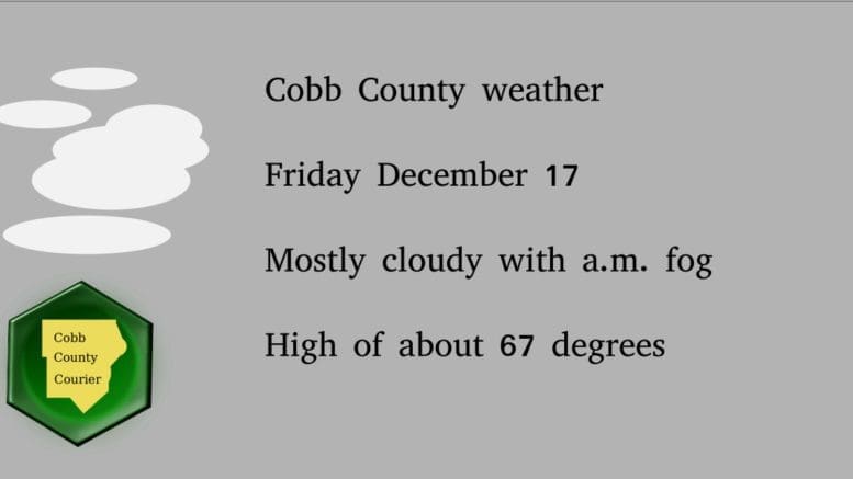 Cloudy skies graphic with Cobb County Courier logo: with the following text:: Cobb County weather Friday December 17 Mostly cloudy with a.m. fog High of about 67 degrees