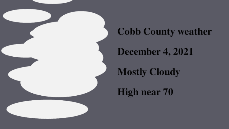Cloudy skies image with the following text: Cobb County weather December 4, 2021 Mostly Cloudy High near 70