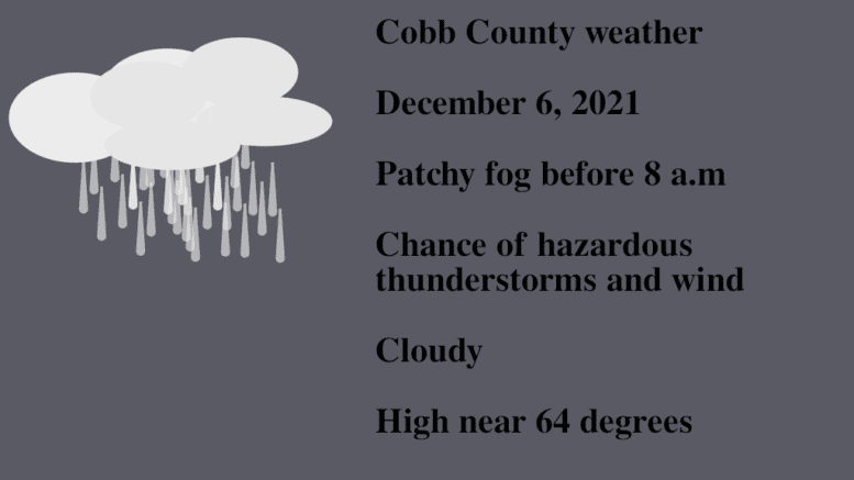 Rain cloud drawing with the following text: Cobb County weather December 6, 2021 Patchy fog before 8 a.m Chance of hazardous thunderstorms and wind Cloudy High near 64 degrees