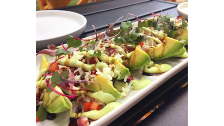 avocado wedges topped with chili campana, double dressed with avocado crema, balsamic glaze, and topped with microgreens.