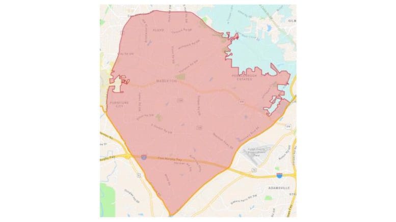 Map of South Cobb Redevelopment Authority boundaries running from Smyrna to the southern tip of the county