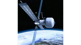 A rendering of the Starlab satellite, a cylindrical device with four radially extended wings