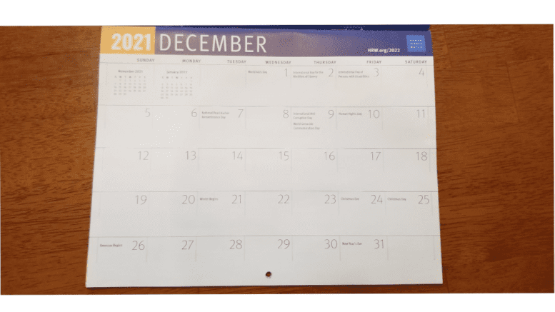 photo of calendar turned to December 2021
