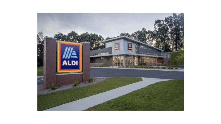 Front of ALDI store with sign and logo