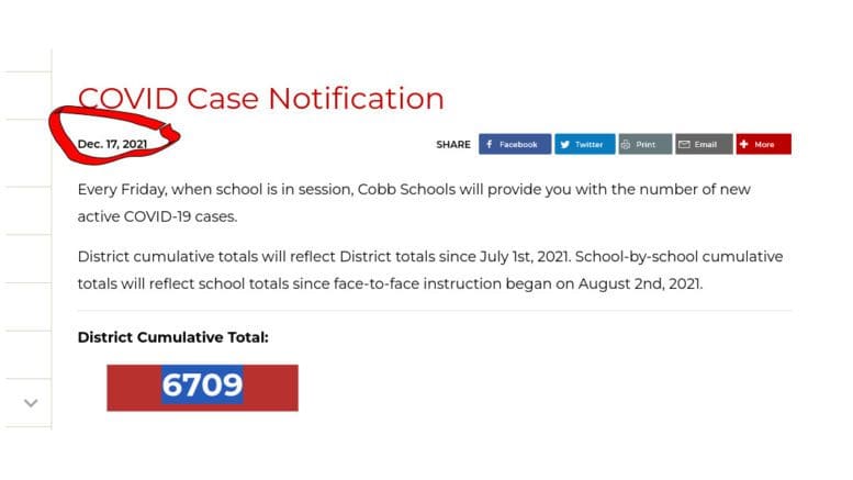 The message from the Cobb school district with the update date of December 17 circled