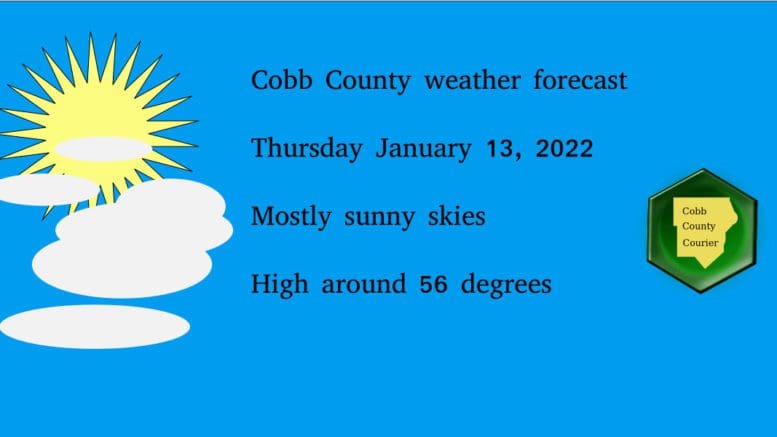 Sun with clouds graphic with the Cobb County Courier logo and the following text: Cobb County weather forecast Thursday January 13, 2022 Mostly sunny skies High around 56 degrees