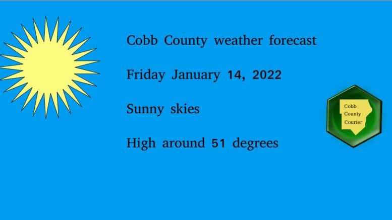 Sunny skies image with Cobb County Courier logo and the following text: Cobb County weather forecast Friday January 14, 2022 Sunny skies High around 51 degrees