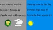 Cobb County Courier logo on split cloudy weather/clear weather screen with text stating cloudy until mid-morning, gradually clearing, daytime high near 41, overnight low 25