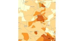 a heat map of the parts of the county with the least resources to recover from disaster, explained in the text of the article