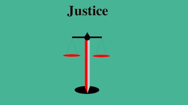 Scales of Justice with the word justice over it.