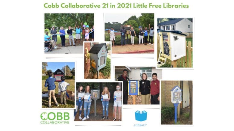 collage of children holding books in front of little structure on posts that look sort of like birdhouses but contain books