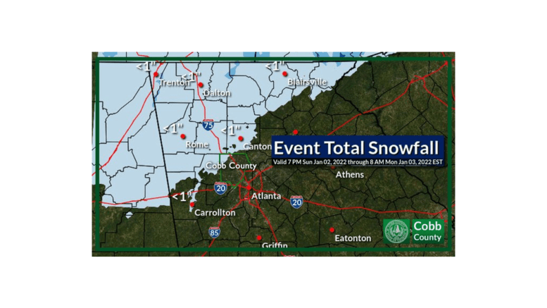 a map showing snow in the northwest corner of Cobb County