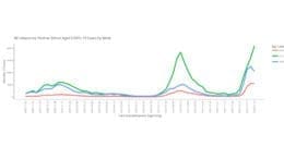 chart showing increase in 5-17-year old COVID cases, decreases in other age groups