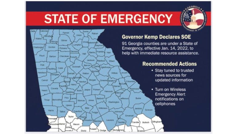 map of Georgia with affected area of storm outlined