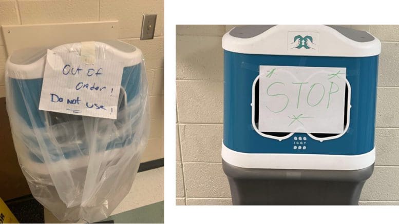 Anonymous staff sent photos of non-functional hand rinsing stations.