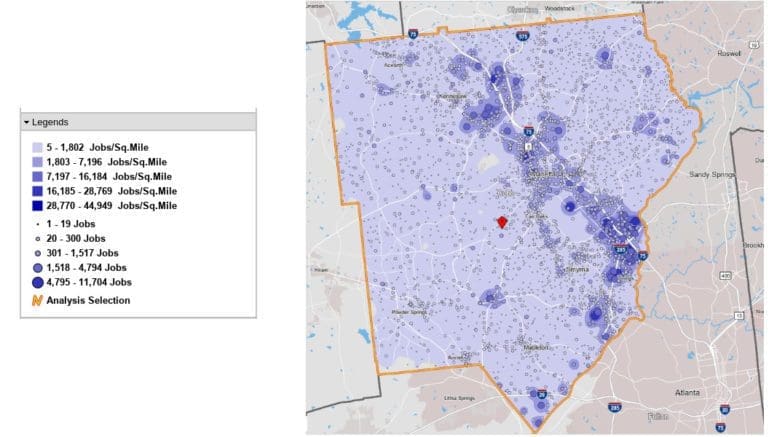 map showing the jobs concentration in Cobb County