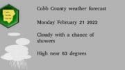 Monday February 21 2022 Cloudy with a chance of showers High near 63 degrees