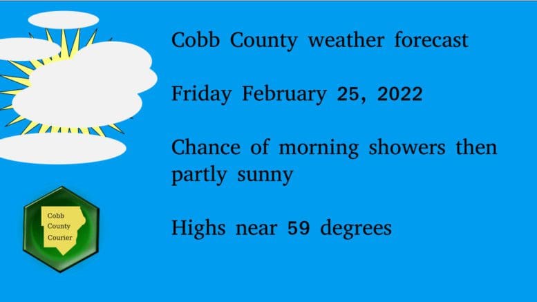 Cobb County weather forecast Friday February 25, 2022 Chance of morning showers then partly sunny Highs near 59 degrees