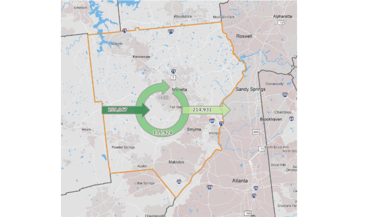 A map showing the flow of workers into and out of Cobb County. The information in the map is in text format in the article itself