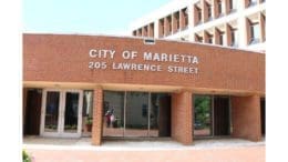 Exterior of Marietta City Hall. Red brick modern building