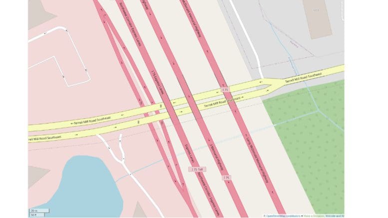 Map of the intersection of Terrell Mill Road with I-75 from open streetmaps