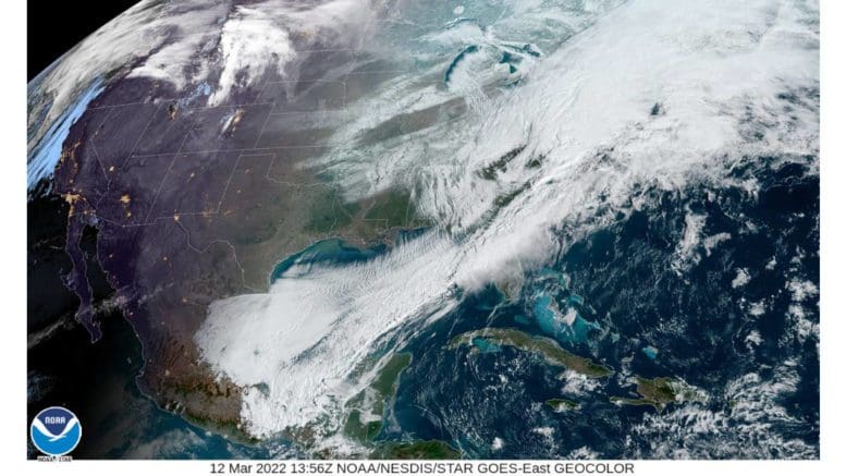 NOAA map showing swirling clouds over the U.S. east coast
