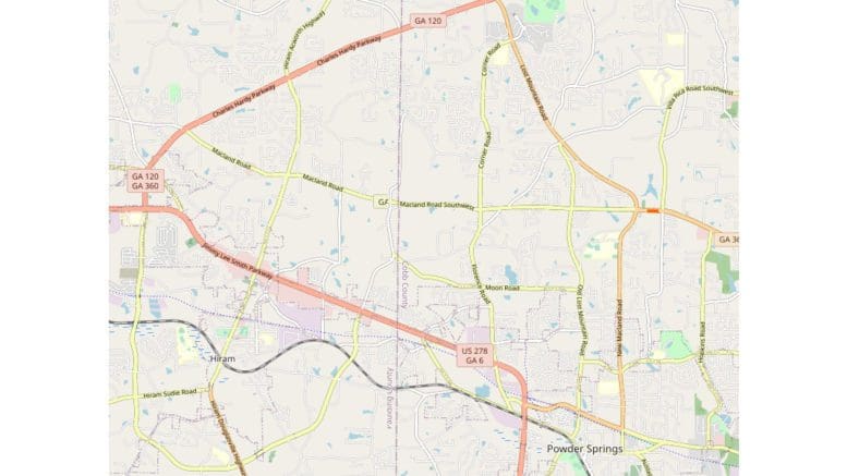 Map of Macland Road between New Macland Road and Charles Hardy Parkway in Cobb and Douglas counties