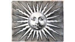 Blow up of sun image ontitle page of De thermis Andreae Baccii Elpidiani, civis Romani .... by Andrea Bacci, published posthumously in 1622.