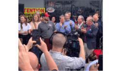 A crowd gathered at a press release with Gov. Brian Kemp to mark the passage of the recent gun law by Georgia GOP legislators