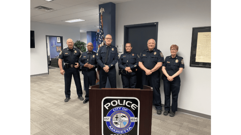 Interim Chief Ferrell, Major Goins, Sergeant Edmondson, Lieutenant Ingram, Deputy Chief Beam and Acting Deputy Chief Twaddell lined up for a group interview