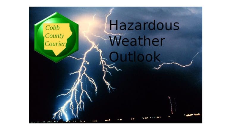 hazardous weather January 8, illustrated by lightning with a Cobb County Courier logo and "hazardous weather outlook"