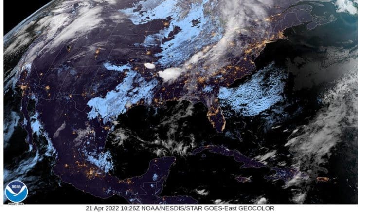 Satellite weather map of the eastern United States showing Georgia mostly clear, with clouds to the north and west of us and some offshore clouds