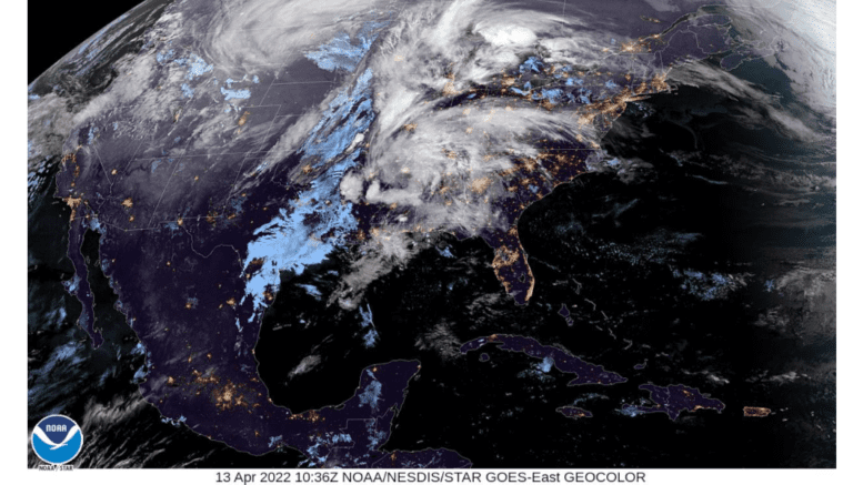 Satellite weather map of the eastern United States showing clouds over the region, including Georgia