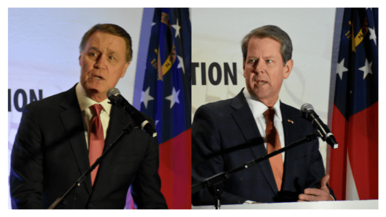 Former Sen. David Perdue, left, and Gov. Brian Kemp, right, will participate in three debates ahead of the Republican primary for governor on May 24. Both campaigns have attacked each other over the handling of elections, the timing of a gun expansion law, and comments about the performance of law enforcement. Ross Williams/Georgia Recorder
