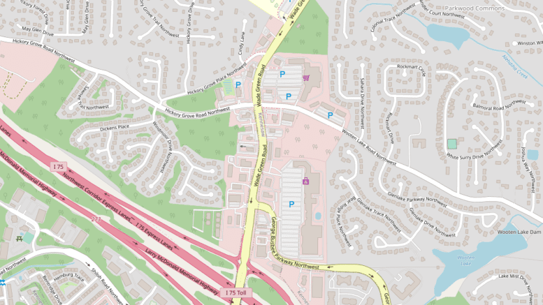 Map showing the intersection of Wade Green Road and Wooten Lake Road