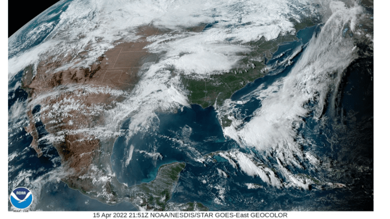 satellite weather map of Eastern United States showing dense clouds to the north and west