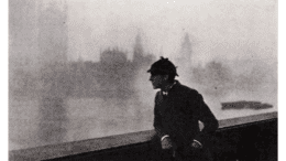 Sherlock Holmes in the fog, standing by the Thames River