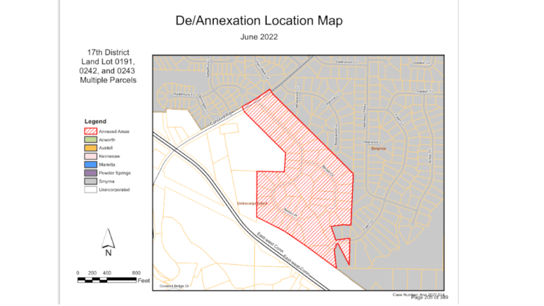 map at the intersection of Concord Road and the East West Connector with a section highlighted representing the area of annexation