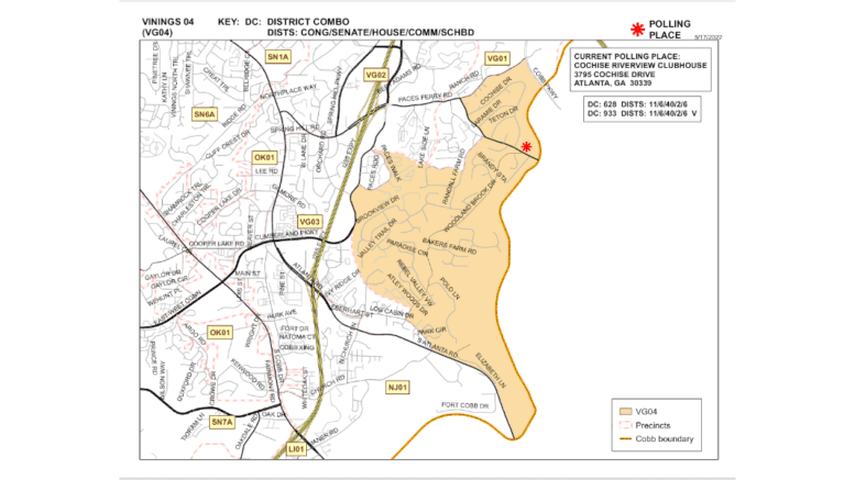 The county map of the Vinings 04 precint roughly bounded by South Atlanta Road, Paces Ferry Road, Cumberland Parkway, and the Chattahoochee River