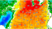 Heat map of U.S. showing high heat over much of the eastern United States