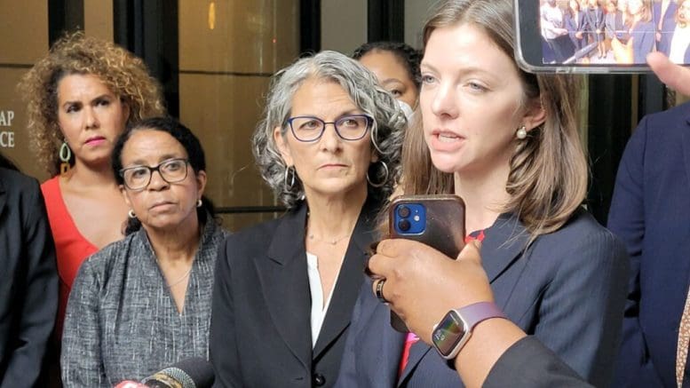 Attorney Julia Stone speaks with reporters outside the Lewis R. Slaton Courthouse in Atlanta. Stone was one of the attorneys who presented arguments Monday in a case that could put a hold on Georgia’s six-week abortion ban. Ross Williams/Georgia Recorder
