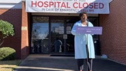 Stacey Abrams, the Democratic nominee for governor, held her first campaign stop outside the doors of a closed rural hospital back in March, where she renewed her calls for full Medicaid expansion in Georgia. Jill Nolin/Georgia Recorder