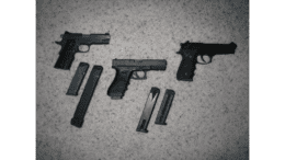 an assortment of handguns and magazines