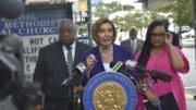 From left, Rev. John Foster of Big Bethel AME Church, Speaker Nancy Pelosi and Congresswoman Nikema Williams. Pelosi came to Atlanta to promote a Democratic measure aimed at restoring communities divided by unjust laws. Ross Williams/Georgia Recorder.